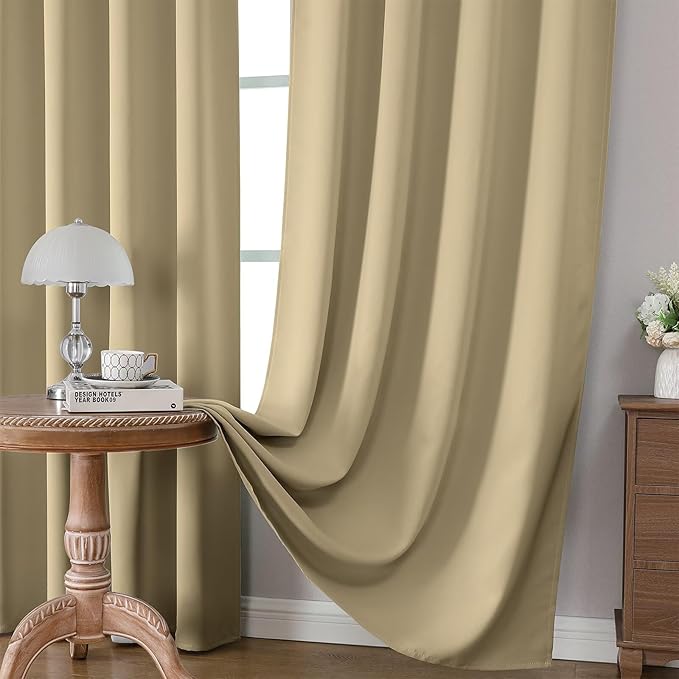 CUCRAF Beige Blackout Curtains 54 inch Length 2 Panels Set, Rod Pocket Room Darkening Drapes for Bedroom Living Room, Insulated Thermal Light Blocking Window Curtain (W52 x L54 Inch)
