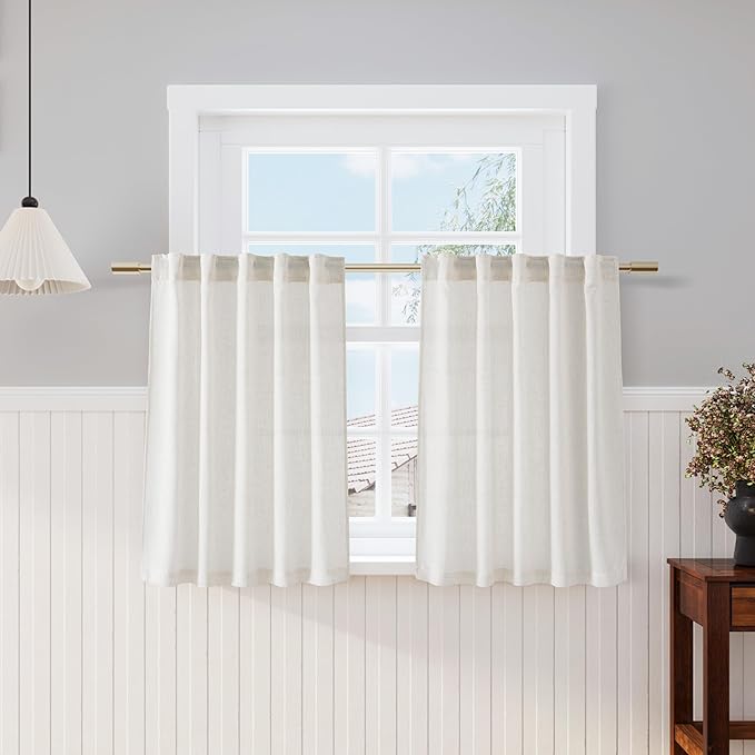 Nanspring Cream Kitchen Curtains 36 Inch Length 2 Panels Set Linen Blend Back Tab Privacy Light Filtering Cafe Curtain Modern Neutral Short Tier Curtains for Small Window Bathroom RV Camper 30x36