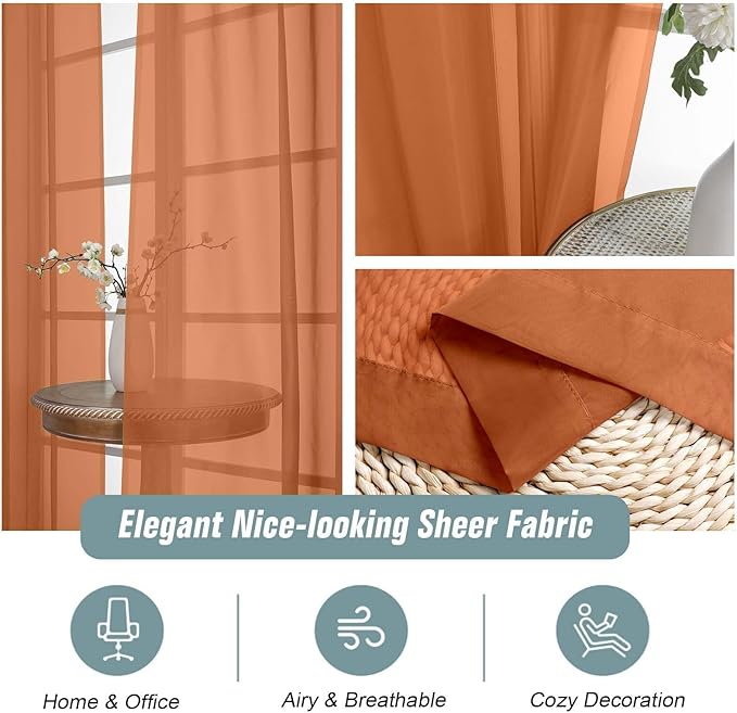 Orange Window Sheer Curtains 45 Inches Length, Voile Short Curtains for Living Room Bedroom, Modern Soft Window Drapes 2 Panels Set, Top Dual Rod Pocket Design, 2x42Wx45L Inches