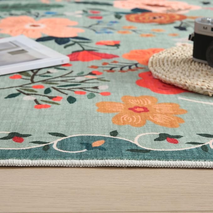 Rugcomf Long Hallway Runner Rug 2'7"x14' - Floral Washable Non Slip Boho Carpet for Kitchen, Entryway, Hall, Bathroom - Green