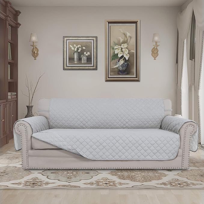 Easy-Going 4 Seater Sofa Slipcover Reversible Sofa Cover Water Resistant Couch Cover with Foam Sticks Elastic Straps Furniture Protector for Pets Children Dog (XX-Large, Light Gray/Light Gray)