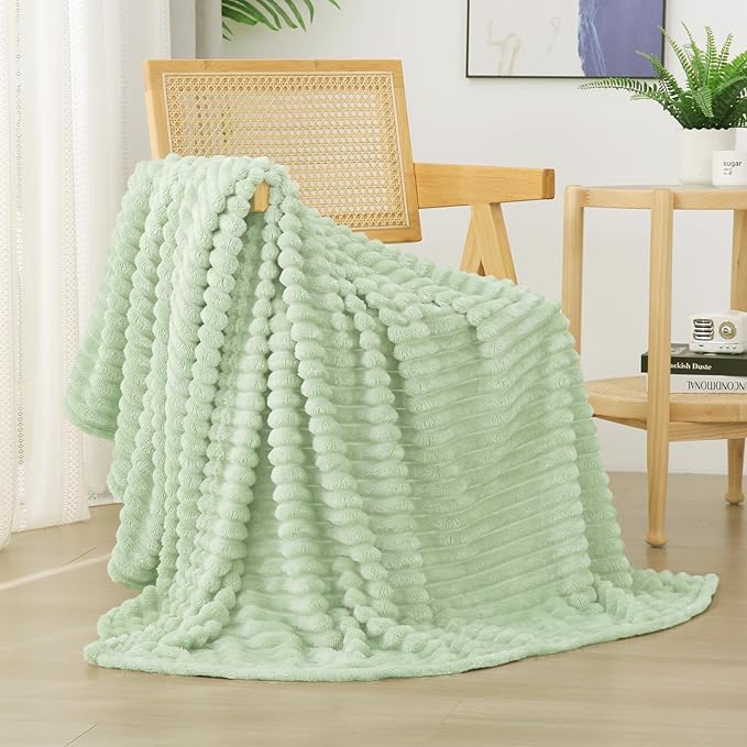 Cream Green Fleece Throw Blanket 60”×80” for Couch Sofa Bed,Super Soft Cozy Plush Microfiber Flannel Blanket with Stripes Design Lightweight for Adults,Woman,Girls