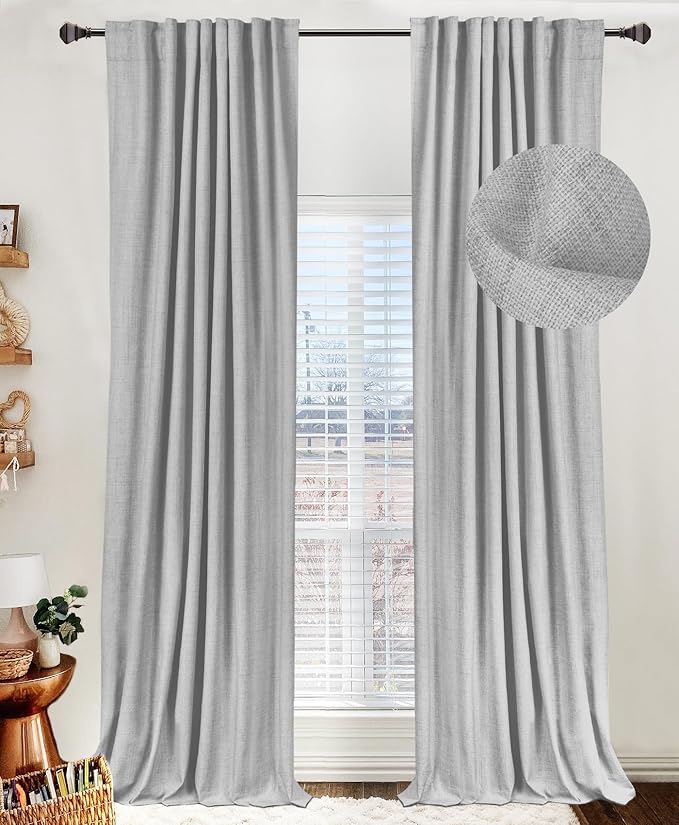 100% Blackout Shield Linen Blackout Curtains for Bedroom 90 Inches Long, Back Tab/Rod Pocket Living Room Drapes, Thermal Insulated Blackout Curtains 2 Panels Set, 50" W x 90" L, Grey