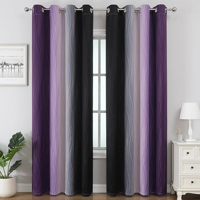 Estelar Textiler Purple and Black Ombre Blackout Curtains 102 Inches Long 2 Panels Set, Thermal Insulated Gradient Drapes for Bedroom, Energy Saving Grommet Curtains for Living Room,52Wx102L