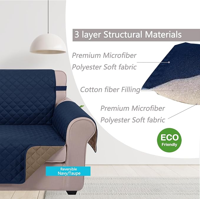 U-NICE HOME Loveseat Sofa Cover Reversible Couch Cover for Dogs with Elastic Straps Water Resistant Furniture Protector for Pets Couch Cover for 2 Cushion Couch (Loveseat, Navy/Taupe)