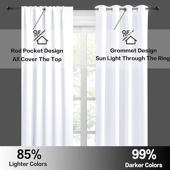 RYB HOME Room Darkening Curtains - Rod Pocket Half Light Block Drapes Window Shades for Bedroom Bathroom Living Room Kitchen Office Dining Decor, W 42 x L 45, Pure White, 2 Pieces