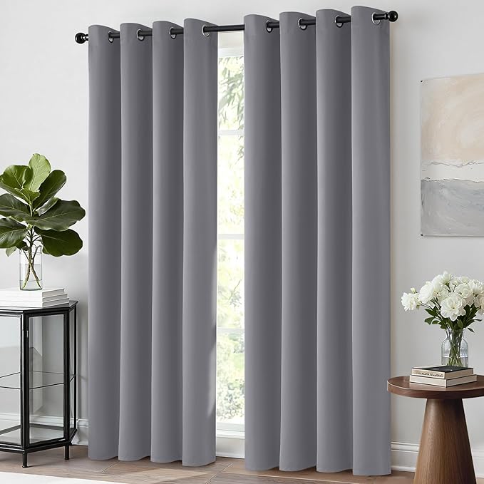 Yakamok Blackout Curtains 63 inch Length for Living Room, Light Blocking Grey Thermal Insulated Drapes with Grommets Top Window Treament Curtain for Bedroom(Gray, 52W x 63L, One Pair)