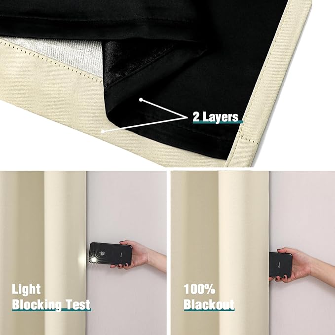 ChrisDowa 100% Blackout Curtains 80 inch Long for Bedroom with Black Liner, 2 Thick Layers Total Blackout Thermal Insulated Grommet Window Curtains 2 Panels Set (Light Beige, 52 x 80 Inch)