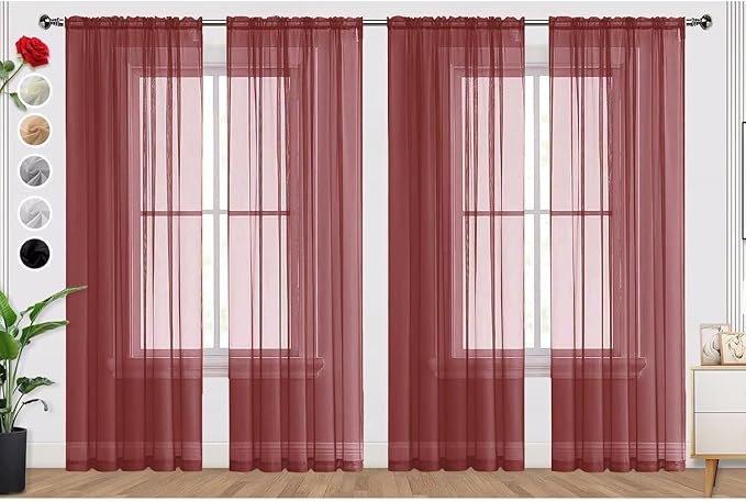SpaceDresser Burgundy Sheer Curtains 4 Panels Rod Pocket Semi-Sheer Curtain 54 Inches Long Light Filtering Voile Window Drapes for Bedroom Living Room Kitchen, Each 52W x54L