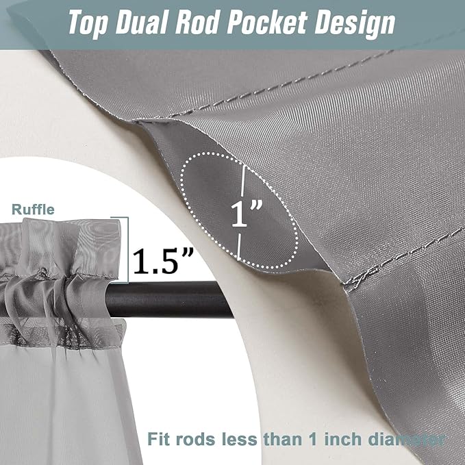 Grey Small Sheer Curtains Tier 24 Inches Length 2 Pieces, Light Filtering Cafe Curtains for Living Room Bathroom, Window Treatments Dual Rod Pocket Panels, Charcoal Grey, 2X42Wx24L Inches