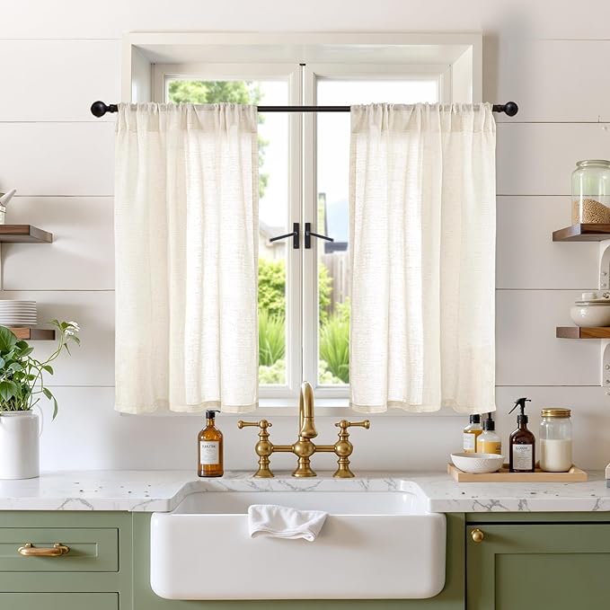 BGment Linen Kitchen Window Curtains Over Sink - 36 Inch Length Cafe Drapes Semi Sheer with Rod Pocket Light Filtering for Bathroom Small Window, Beige, 2 Panels, Each Panel 30 Inch Wide