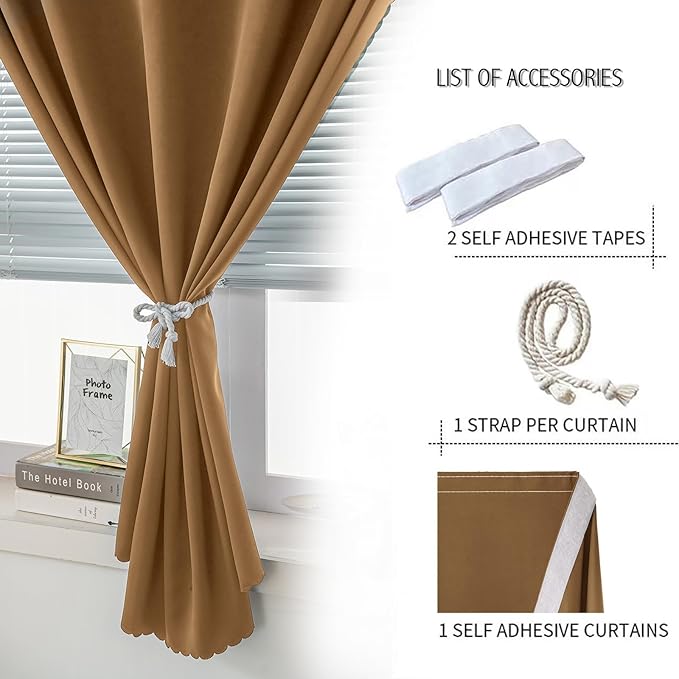 Self Adhesive Curtains, Stick Curtain Blackout Shades Window Cover Curtains for Living Room No Drilling, 47" W X 96" L, Brown, 1 Panel