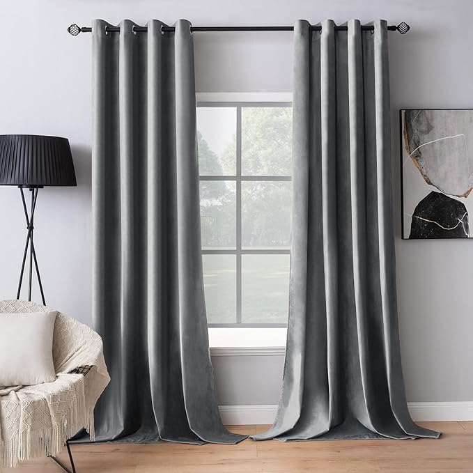 MIULEE 2 Panels Blackout Velvet Curtain Solid Soft Grommet Grey Room Darkening Curtains Thermal Insulated Soundproof Black Out Curtains/Panels for Living Room Bedroom 52 x 108 Inch