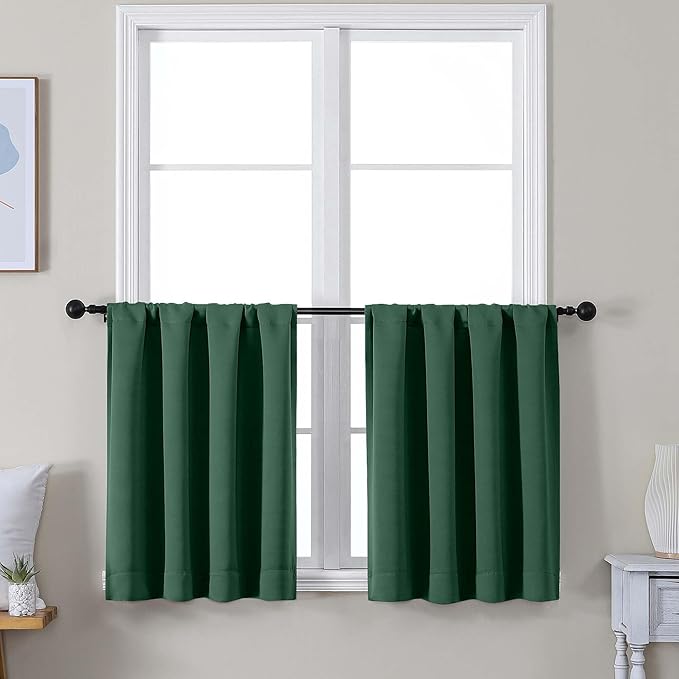 Simplebrand Ava Ever Green Short 30 Inches Blackout Curtain 2 Panels Set, Half Window Rod Pocket Privacy Curtain Tiers for Kitchen, Curtains Blackout for Bathroom Shades, W30 x L30 Inch, Navy Blue