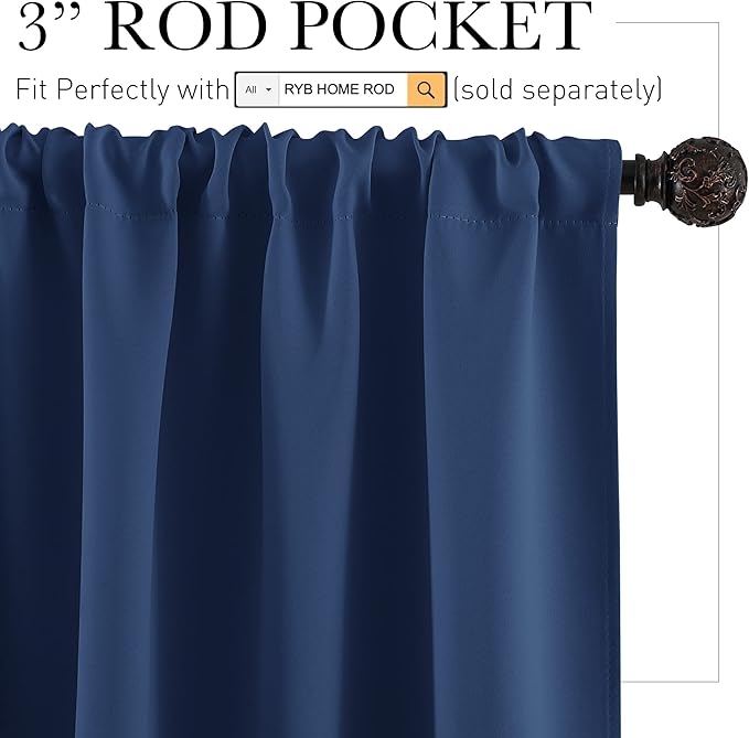 RYB HOME 54 inch Blackout Curtains for Living Room, Rod Pocket Thermal Insulated Small Window Drapes Room Darkening Shades for Bedroom Studio Dorm, W 42 x L 54 inch, Set of 2 Panels, Navy Blue