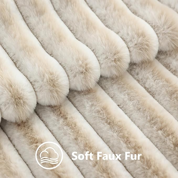 decorUhome Summer Cozy Faux Fur Throw Pillow Covers 24x24 Set of 2 Decorative Plush Striped Modern Farmhouse Boho Couch Euro Sham Pillow Cases with Velvet Back for Sofa Bed Living Room, Beige White