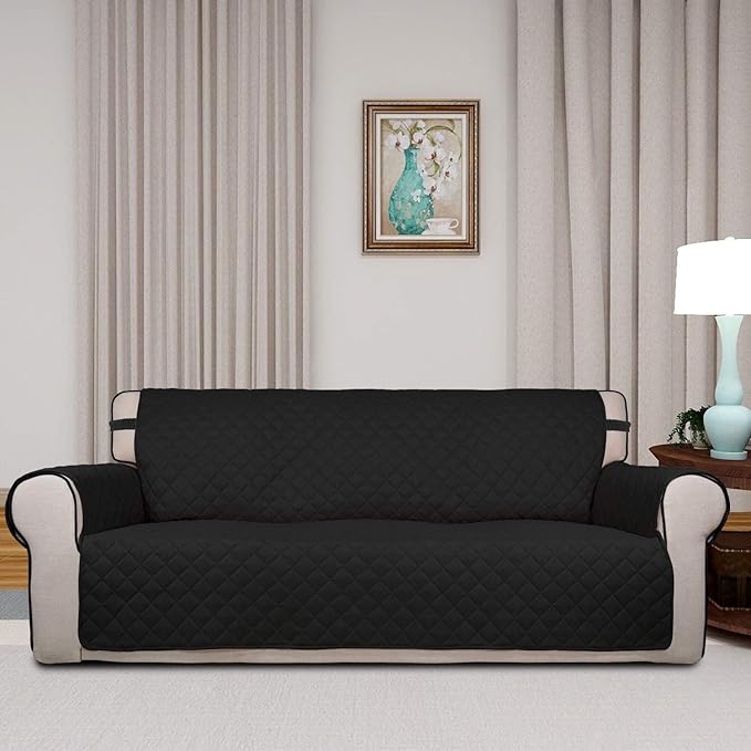 PureFit Reversible Quilted Sofa Cover, Water Resistant Slipcover Furniture Protector, Washable Couch Cover with Non Slip and Elastic Straps for Kids, Dogs, Pets (Sofa, Black/Beige)