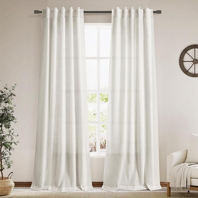 Linen Sheer Curtains 108 Inches Long Back Tab Rod Pocket 2 Panels Cream Semi Sheer Extra Long Curtains Light Filtering Modern Boho Drapes for Living Room Luxury Floor Length Curtain 9Ft 40x108