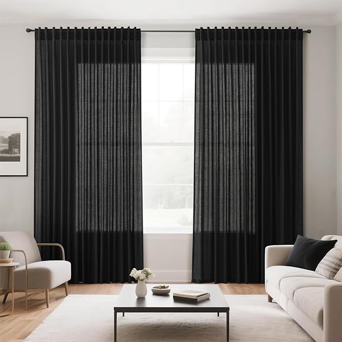 Nanspring 96 Inch Linen Curtains for Living Room Semi Sheer Linen Blended Curtains Back Tab Rod Pocket Light Filtering Simple Modern Black Curtains for Bedroom 60x96,2 Panels