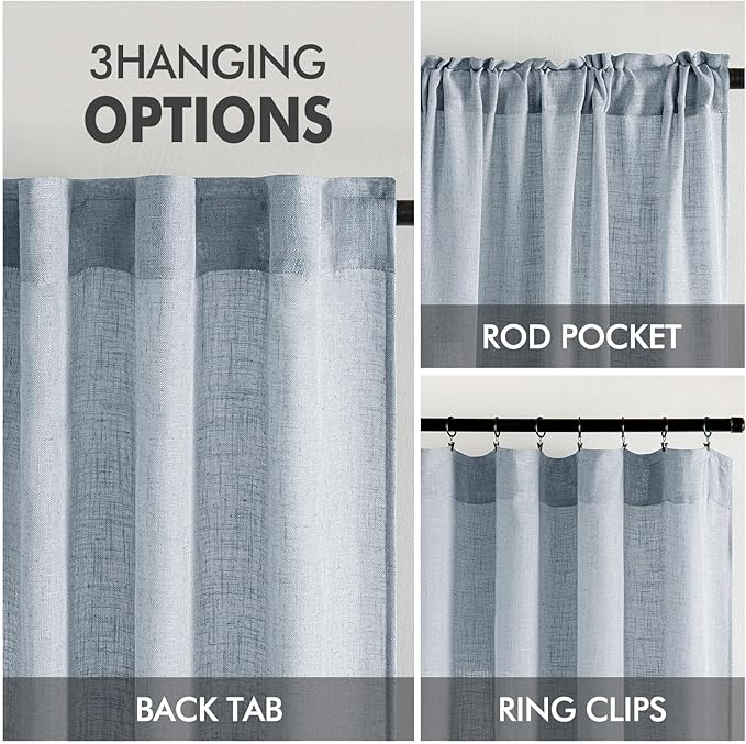 MIULEE Chambray Blue Linen Curtains 90 Inch Long 2 Panels for Bedroom Living Room, Soft Linen Textured Window Drapes Semi Sheer Light Filtering Back Tab Rod Pocket Farmhouse Modern Burlap Look Decor