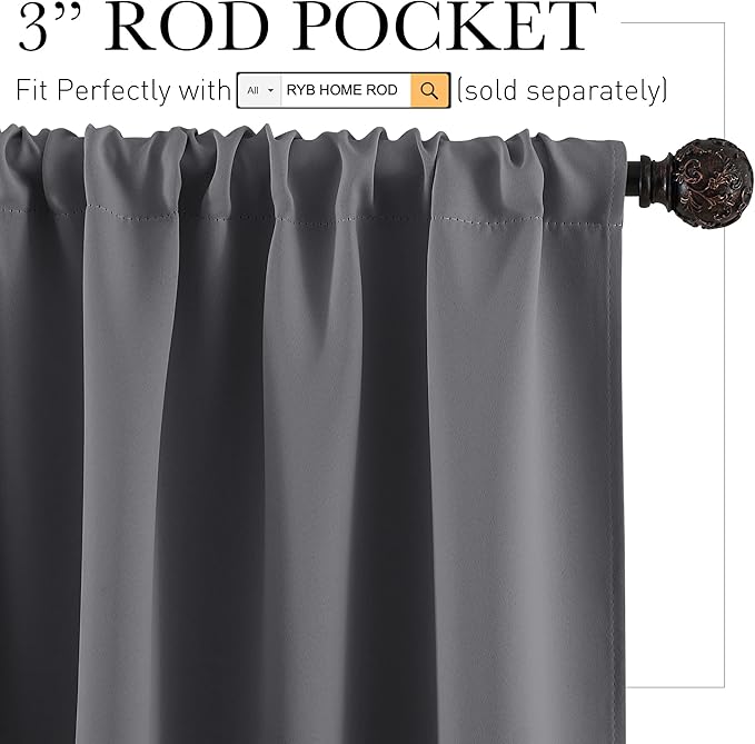 RYB HOME Blackout Curtains for Bedroom Living Room 63 inches Long, Thermal Insulated Privacy Rod Pocket Drapes for Nursery Office Home Theater, Width 42 by Length 63, Grey, 2 Panels