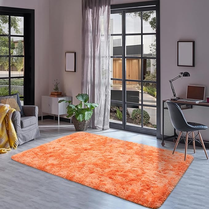 Goideal Fluffy Rug for Bedroom Living Room, 6x9 Orange Area Rugs, Faux Fur Shag Modern Carpet Ultra Soft Girls Boys Room Home Decor, Tie-Dyed