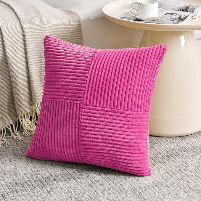 Fancy Homi 2 Packs Hot Pink Decorative Throw Pillow Covers 22x22 Inch for Living Room Couch Bed, Rustic Farmhouse Boho Home Decor, Soft Corss Corduroy Patchwork Accent Square Cushion Case 55x55 cm