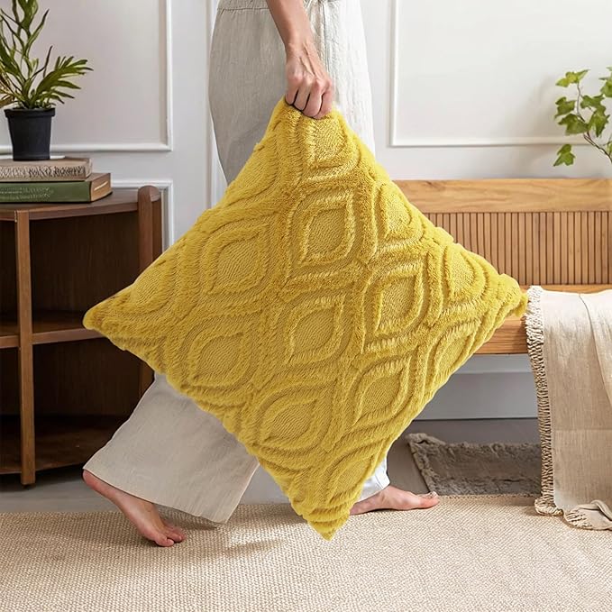 decorUhome Summer Throw Pillow Covers 20x20 Inch Set of 2, Soft Plush Faux Wool Mustard Yellow Solid Couch Pillow Covers, Accent Farmhouse Neutral Square Pillow Cases for Sofa Bed Living Room
