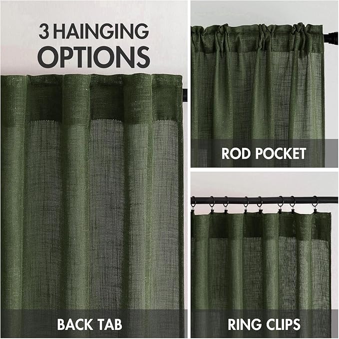MIULEE Olive Green Linen Curtains 96 Inch Long for Bedroom Living Room, Soft Thick Linen Textured Window Drapes Semi Sheer Light Filtering Rod Pocket Back Tab Christmas Burlap Look, 2 Panels