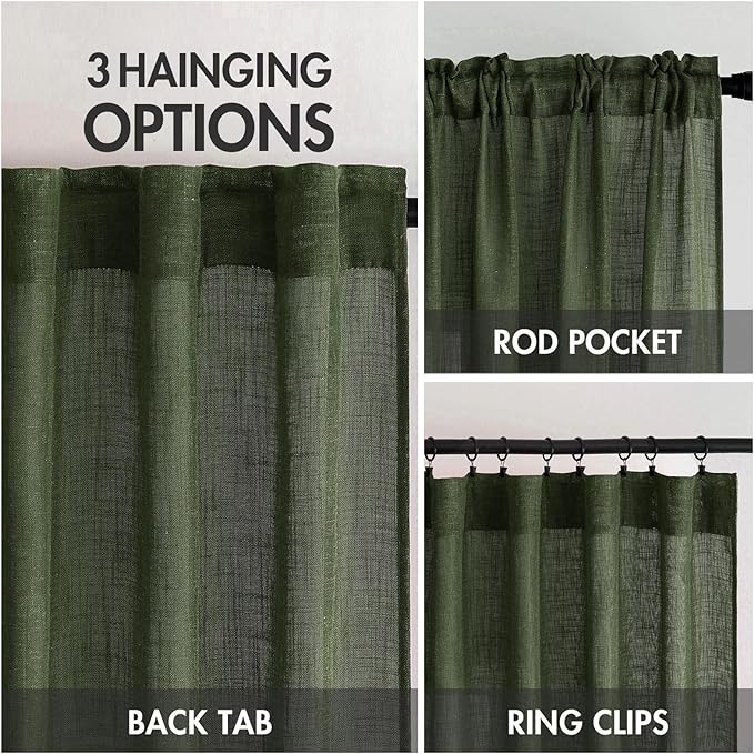 MIULEE Olive Green Linen Curtains 54 Inch Length 2 Panels for Bedroom Living Room, Soft Thick Linen Textured Natural Short Window Drapes Semi Sheer Light Filtering Back Tab Burlap Look Decor