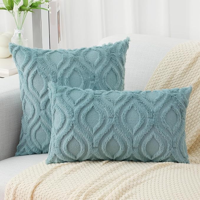 decorUhome Summer Throw Pillow Covers 16x16 Inch Set of 2, Soft Plush Faux Wool Aqua Solid Couch Pillow Covers, Accent Farmhouse Neutral Square Pillow Cases for Sofa Bed Living Room