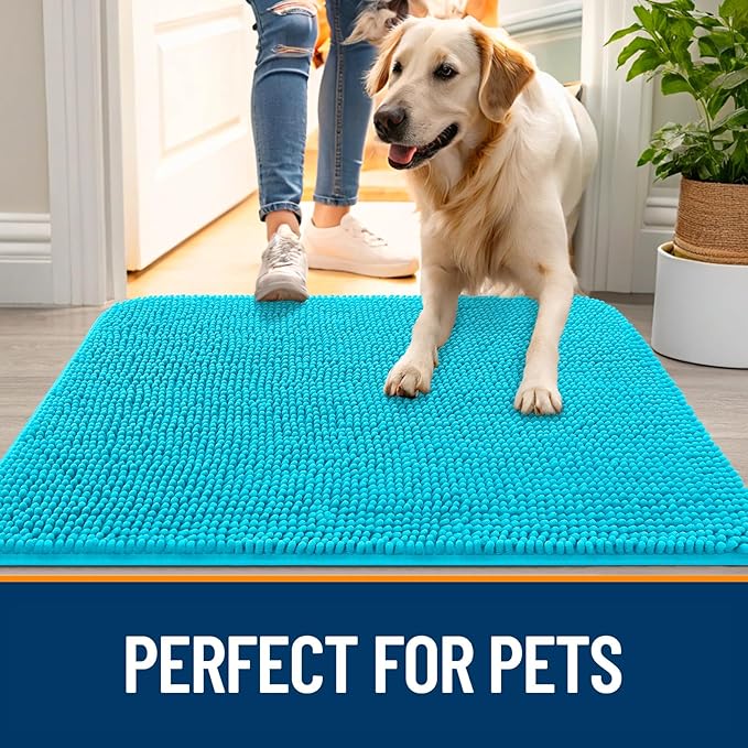 OLANLY Dog Door Mat for Muddy Paws 59x32, Absorbs Moisture and Dirt, Absorbent Non-Slip Washable Doormat, Quick Dry Chenille Mud Mat for Dogs, Entry Indoor Entryway Carpet for Inside Floor, Aqua Blue