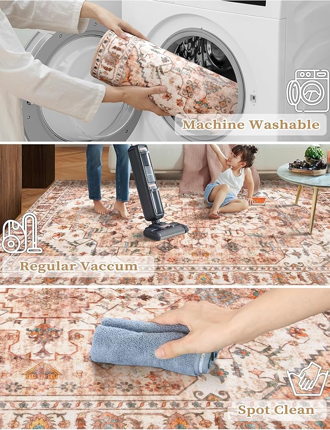 SERISSA Boho Washable Runner Rug, 2x6 Rug Non-Slip Vintage Peach Cream Hallway Kitchen Runner Rug Ultra Soft Print Distressed Floor Carpet for Bedroom Bathroom Laundry Living Room