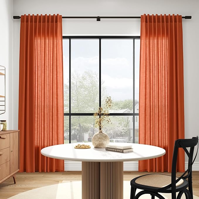 Bright Orange Linen Curtains 72 Inch Long for Living Room Bedroom Lightweight Door Drapes 2 Panels Set, Semi Sheer Light Filtering Back Tab or Rod Pocket Curtain,52x72
