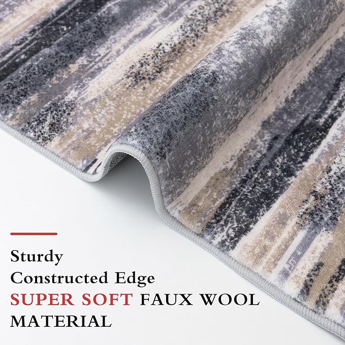 Lansny Modern Abstract 4x6 Living Room Washable Rug Non-Slip Soft Bedroom Area Rug Grey Black Multi Thin Print Faux Wool Floor Carpet Throw Rugs for Nursery Playroom Dining Room Indoor Home Decor