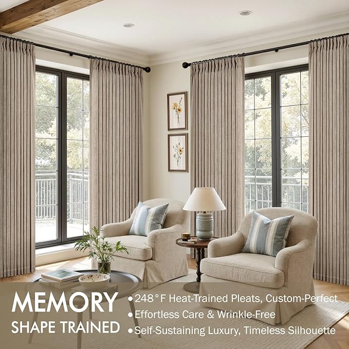 MIULEE Pinch Pleated Thick Linen Curtains 108 Inches Length 2 Panels for Living Room Bedroom, Extra Long Pinch Pleat Drapes Back Tab Light Filtering Grey Beige Foor to Ceiling Curtains with Hooks