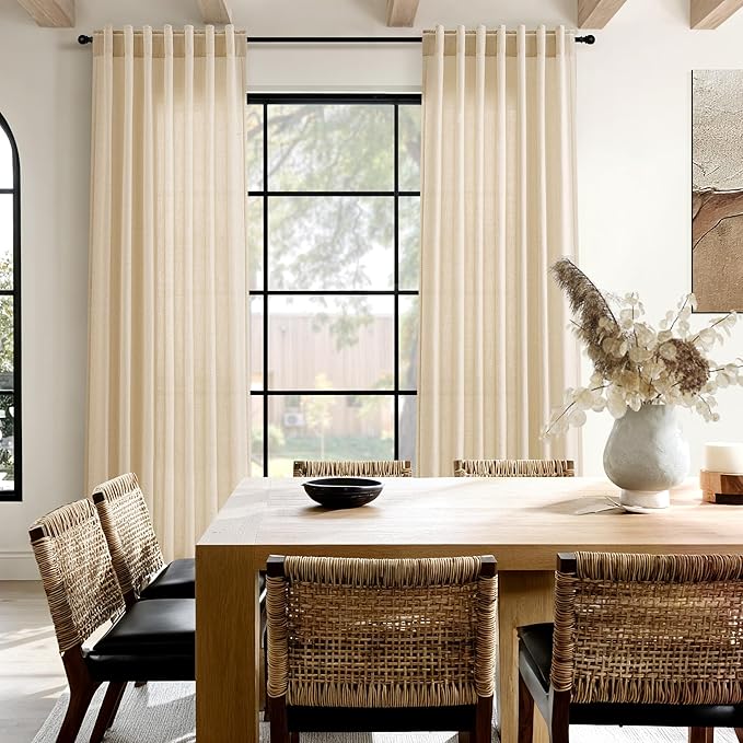 Tan Linen Curtains 96 Inches Long for Living Room Rod Back Tab Vintage Rustic Farmhouse Light Filtering Curtain Burlap Textured Linen Drapes 96 Inch Dinning Room Bedroom 52x96 8FT,2 Panels