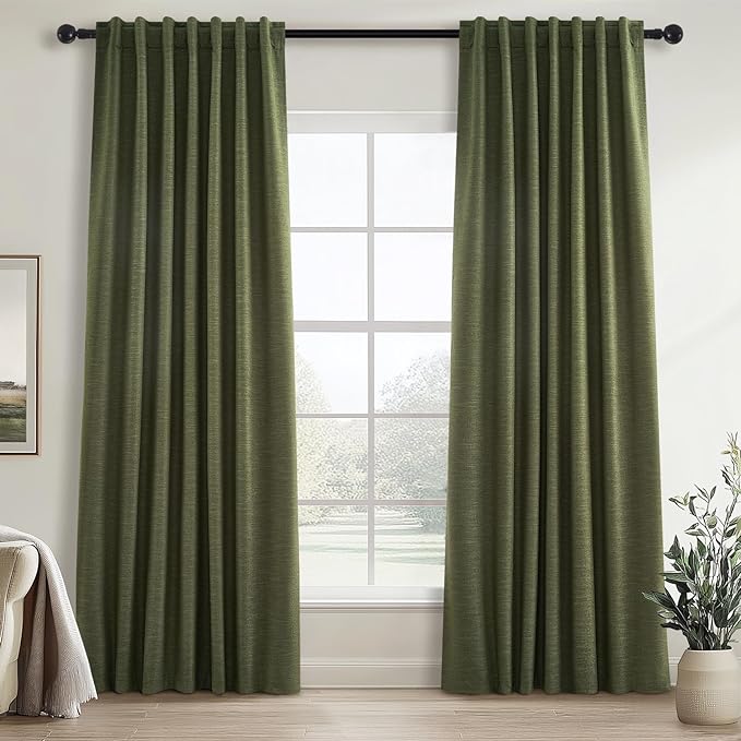 Topfinel 100 Inch Long Black Out Custom Curtains, Olive Green Pleated Window Coverings, Nursery Winter Boho Farmhouse Heat Sound Block Back Tab Curtains for Sliding Door Bay Window