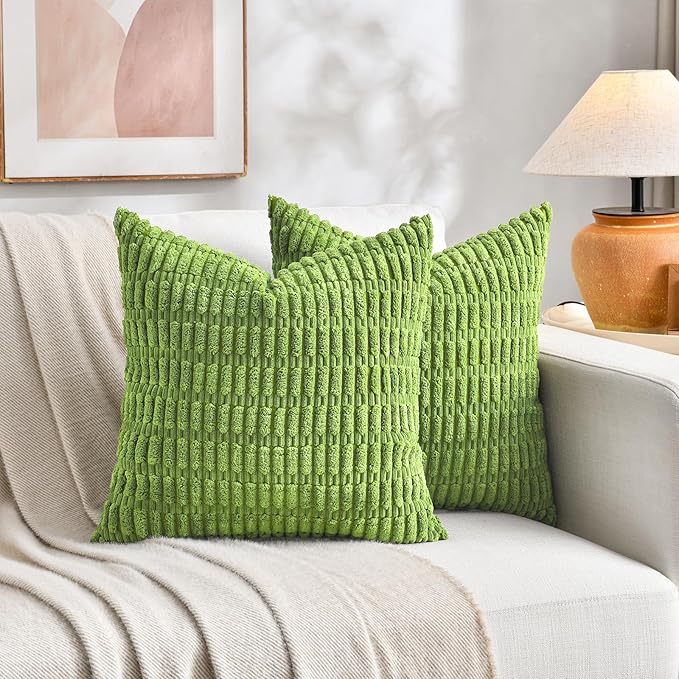 Fancy Homi 4 Packs Boho Lime Green Decorative Throw Pillow Covers 24x24 Inch for Couch Bed Sofa, Rustic Modern Farmhouse Home Decor, Soft Plush Corduroy Cute Square Cushion Case 60x60 cm