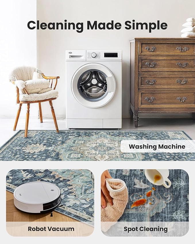 AMADA HOMEFURNISHING 2x6 Washable Runner Rug, Low-Profile Kitchen Rugs with Non-Slip Backing & Durable Edge Binding, Vintage Entryway Runner Rug for Bedroom & Hallway