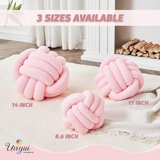 Uvvyui Knot Pillow Ball, Soft Home Decorative Pillows, Round Throw Pillow, Handmade Knotted Plush Pillow, Round Boucle Pillow Cushion (14 Inches Pink)