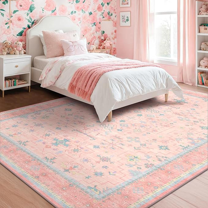 Hazo Haus Pink and Blue Washable 5x8 Living Room Rugs, Boho Aethestic Oushak Vintage Area Rug for Bedroom Girls Kids Playroom Nursery Room, Non-Slip Rubber Backing Stain Resistant