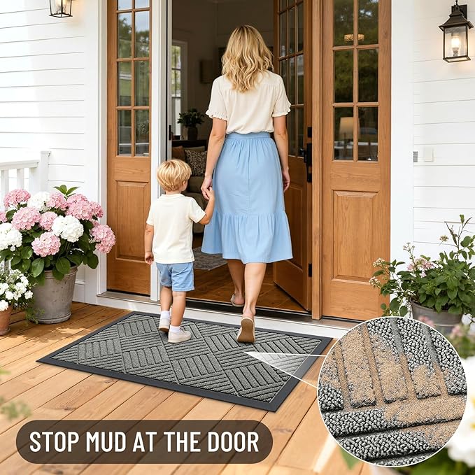 OLANLY Front Door Mat Outside Entrance 33x21, Absorbent, Heavy Duty Sturdy Natural Rubber Doormat Indoor Outdoor, Stain Fade Resistant, Non-Slip Low Profile Floor Mat for Entryway, Modern Gray Diamond