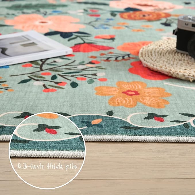 Rugcomf Living Room Rug 5x7 Rug Machine Washable Boho Area Rug Non Slip Floral Vintage Low Pile Large Rugs for Living Room, Bedroom, Farmhouse, Dining Room, Kids Playroom(Green)