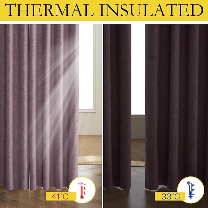 NICETOWN Chaise Mauve Vintage Linen 100% Blackout Curtains for Living Room, Thermal Insulated Curtains 102" Long, Noise Reducing Window Treatment Drapes for Hall Room, 52" Wide Per Panel, Set of 2