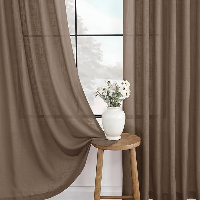 Chocolate Brown Linen Curtain 120 inch Length 2 Panels Back Tab Light Filtering Living Room Curtain Drapes Home Office Modern Minimalist Decor Farmhouse Boho Neutral Semi Sheer Curtain 120 inch Long
