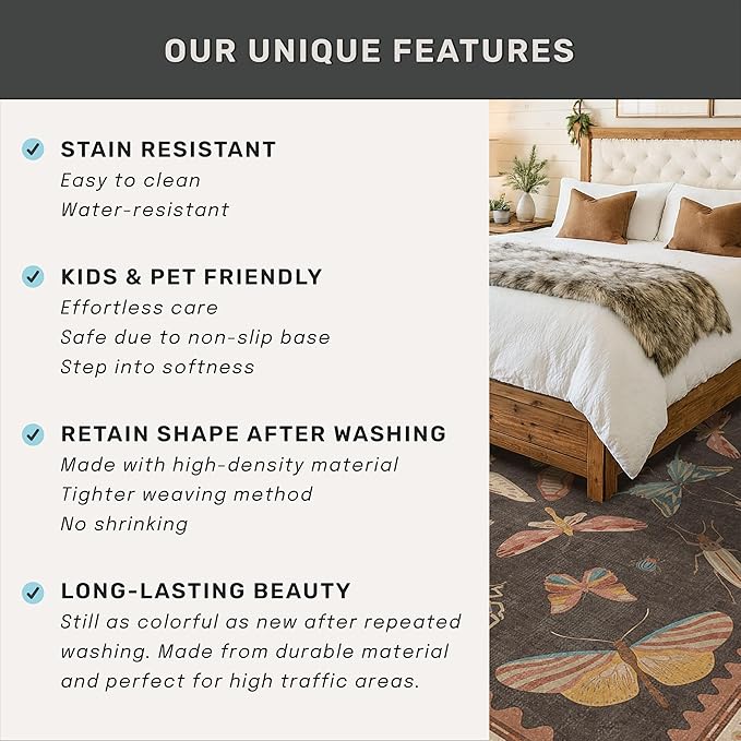 Hazo Haus 2'6"x8' 8ft Long Hallway Runner Rug, Stain Resistant Non-Slip Kitchen Floor Mats, Boho Front Door Rug Indoor Entrance, Whimsical Insect Moth Décor, Low Pile & Soft (Orange and Brown)