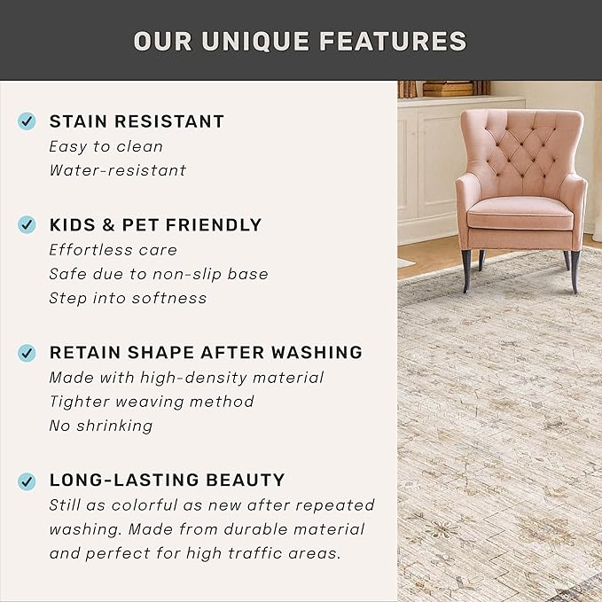 Beige Floral 3X12 Washable Long Hallway Runner Rug, Non-Slip Low-Pile Farmhouse Kitchen Rug, Neutral Vintage Distressed Oriental Carpet, Non-Shedding, Stain & Fade Resistant Home Décor