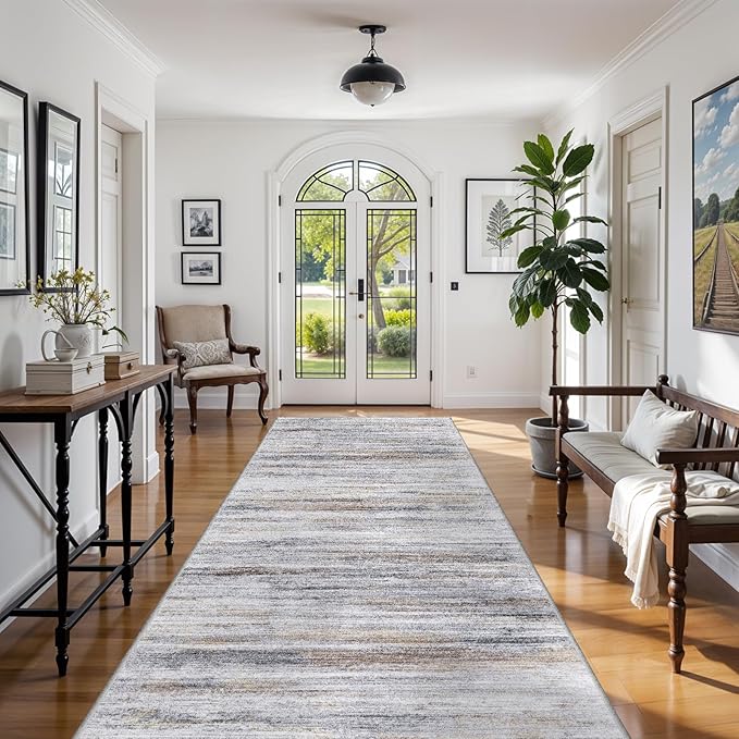 Large Runner Rugs for Hallway 4x18: Non-Slip Washable Wide Carpet - Soft Low-Pile Stain and Spill Resistant Rug for Entryway Living Room Dining Room Balcony Garage Office Beige Grey
