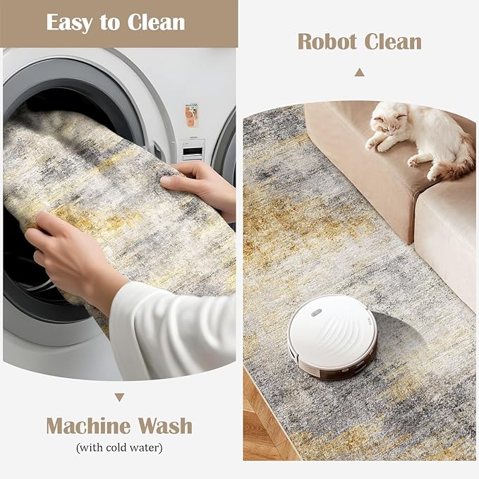 2x4 Washable Entryway Runner Rug: Abstract Small Area Rug Soft Non Slip Door Mat for Hallway Low Pile Thin Stain Resistant Floor Carpet for Kitchen Bedroom Bathroom Bedside Indoor(2x4,Grey/Yellow)